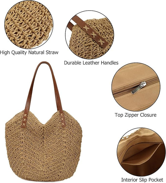 Womens Large Straw Tote Bag Handmade Woven Beach Shoulder Bag Top Handle Purse for Summer - PuriLite
