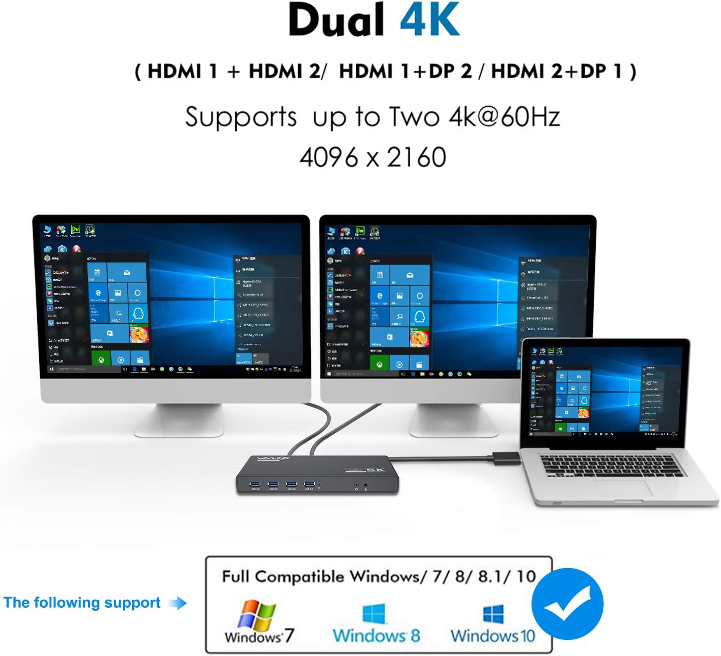 USB C 4K Docking Station, WAVLINK Laptop Dual Monitor with 65W Charging and Single 5K/Dual 4K @60Hz for USB-C and Thunderbolt 3 Windows,MacOS 10.14 Later (2 HDMI,2 DP,LAN, 6 USB,AudiO
