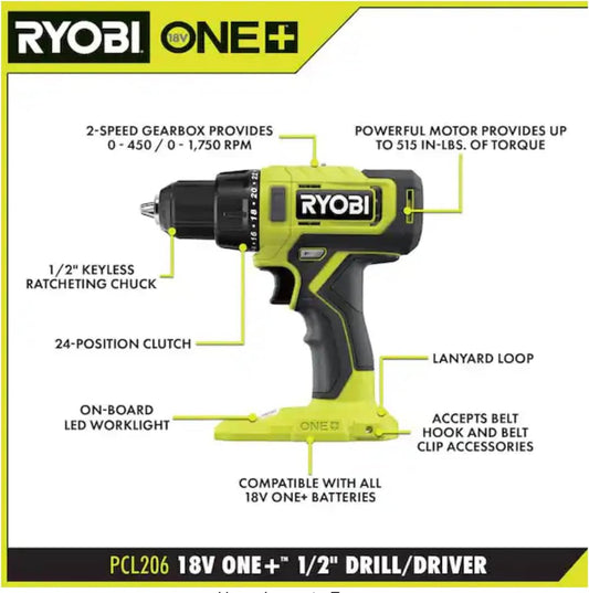 RYOBI ONE+ 18V Cordless 1/2 in. Drill/Driver (Tool Only) PCL206B Black Green - PuriLite