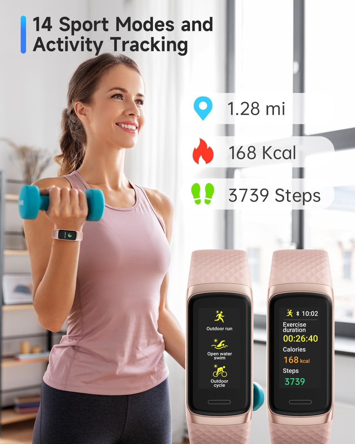 TOOBUR Fitness Tracker Watch with Heart Rate, Sleep Monitor, 14 Sport Modes IP68 Waterproof Pedometer Step Counter Compatible Android iOS Activity Wrist Band for Women, Pink