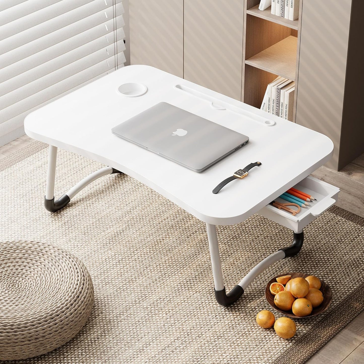 EAQ Laptop Bed Desk,Bed Table Portable Foldable Laptop Bed Tray Table with Cup Holder/Storage Drawer/Bookshelf Board for Bed/Couch/Sofa Working, Reading (White)