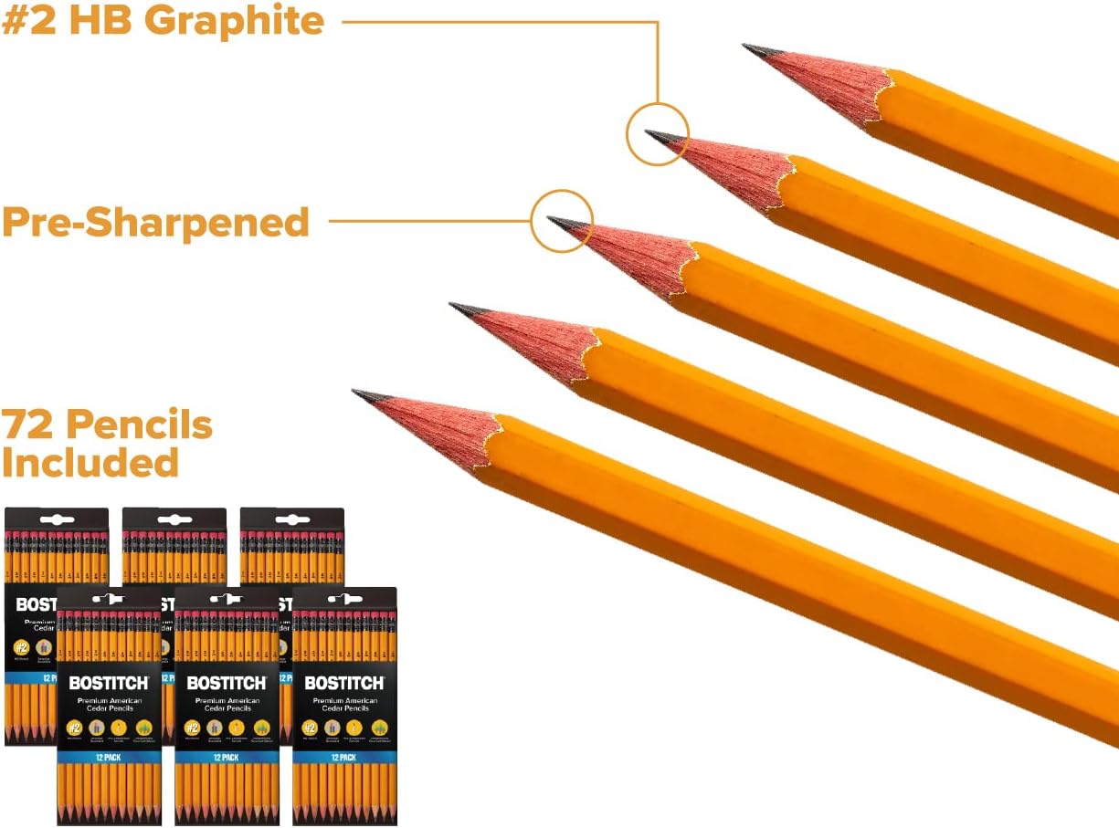 Bostitch Premium #2 Pencils, American Cedar Wood, Pre-Sharpened, HB Graphite, 72-Pack