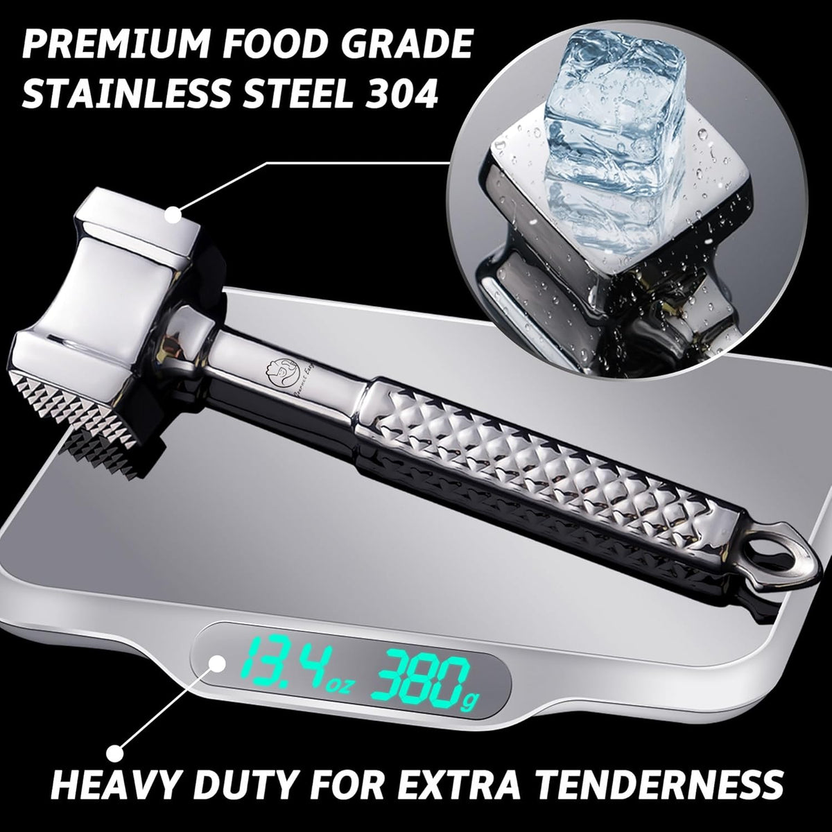 Stainless Steel Meat Tenderizer Mallet - Premium Hammer for Chicken, Conch, Veal Cutlets, Beef & Steak - Kitchen Pounder Flattener With Non-Slip Grip - 5 Years Warranty - PuriLite