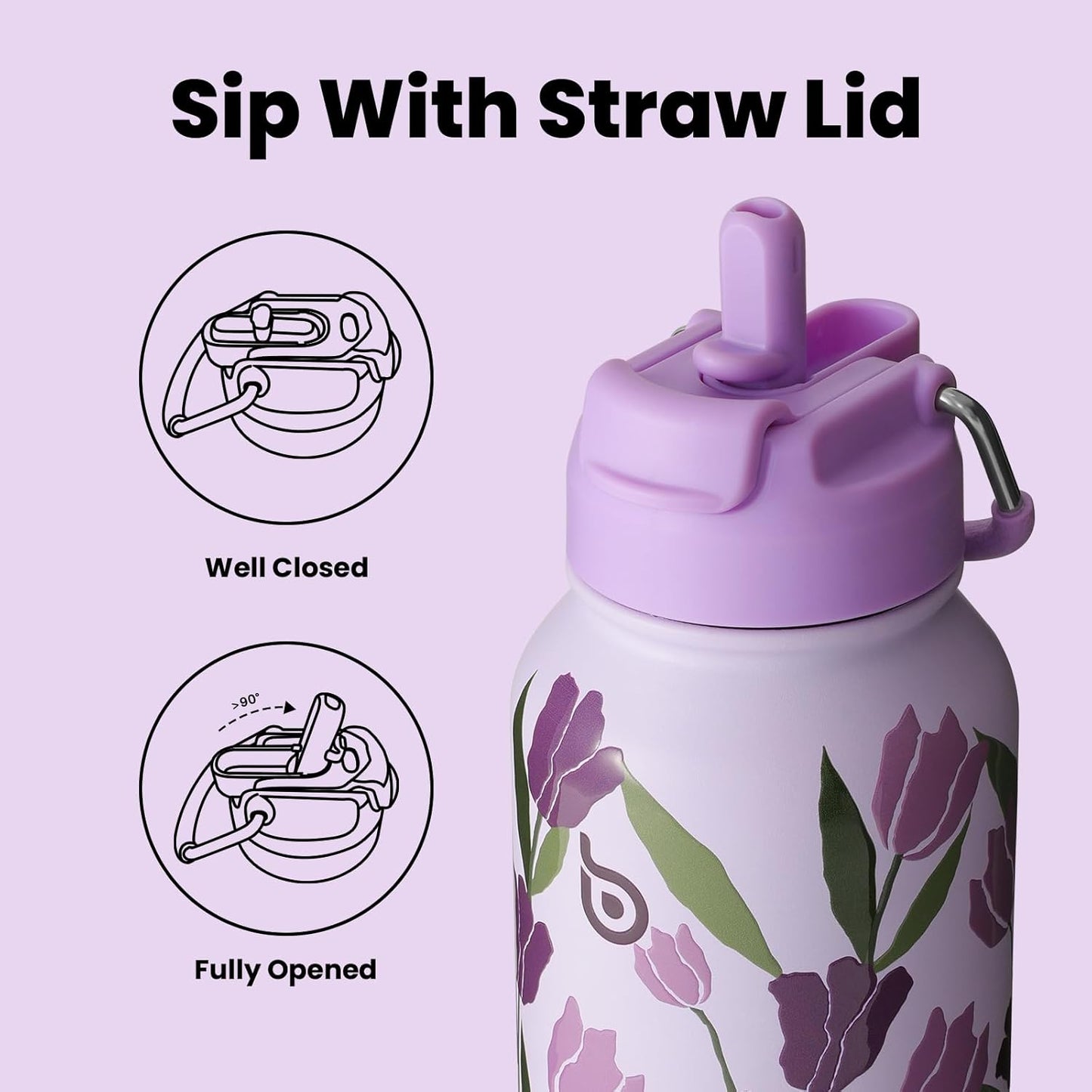 Bottle Bottle 32oz Insulated Water Bottle Stainless Steel Sport Water Bottle with Straw Dual-use Lid Design for Gym with Pill Box (Purple Tulips)