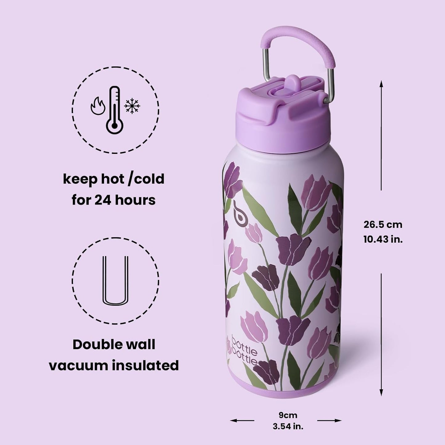 Bottle Bottle 32oz Insulated Water Bottle Stainless Steel Sport Water Bottle with Straw Dual-use Lid Design for Gym with Pill Box (Purple Tulips)