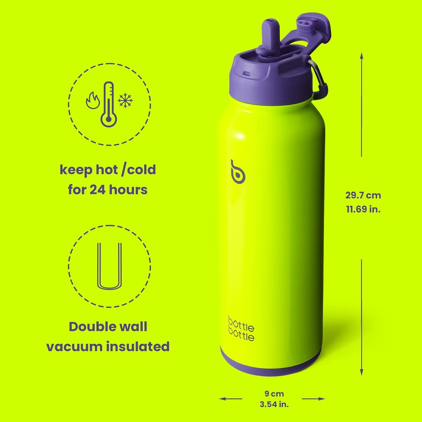BOTTLE BOTTLE 40 oz Sports Water Bottle Stainless Steel Insulated with Straw and Pill Holder (Neon Yellow)