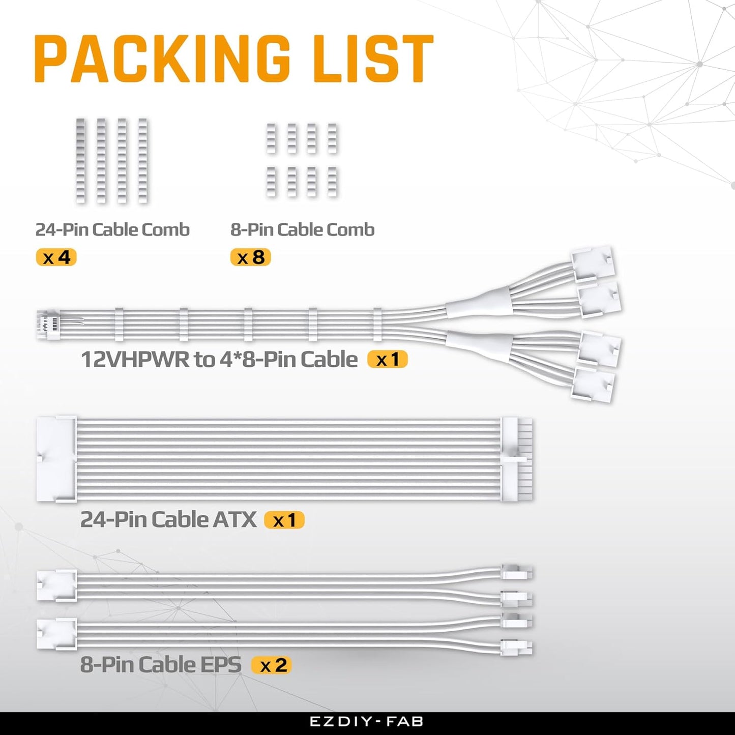 EZDIY-FAB PCIE 5.0 12VHPWR Sleeved Cable Kit, PC 16AWG Power Supply Cable Extension, 24PIN-ATX/(4+4) PIN-EPS/(12+4) PIN to 4X 8 PIN PCIE- RTX4090/4080/4070Ti Extension Cable-Pure White