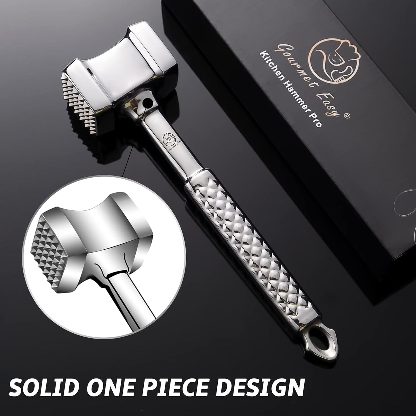 Stainless Steel Meat Tenderizer Mallet - Premium Hammer for Chicken, Conch, Veal Cutlets, Beef & Steak - Kitchen Pounder Flattener With Non-Slip Grip - 5 Years Warranty - PuriLite