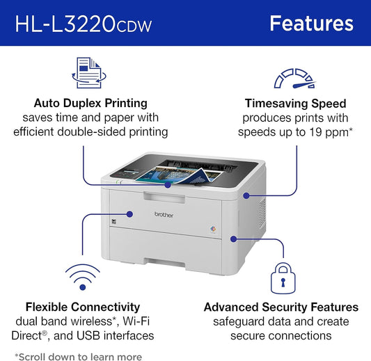 Brother HL-L3220CDW Wireless Compact Digital Colour Printer with Laser Quality Output, Duplex and Mobile Device Printing - PuriLite