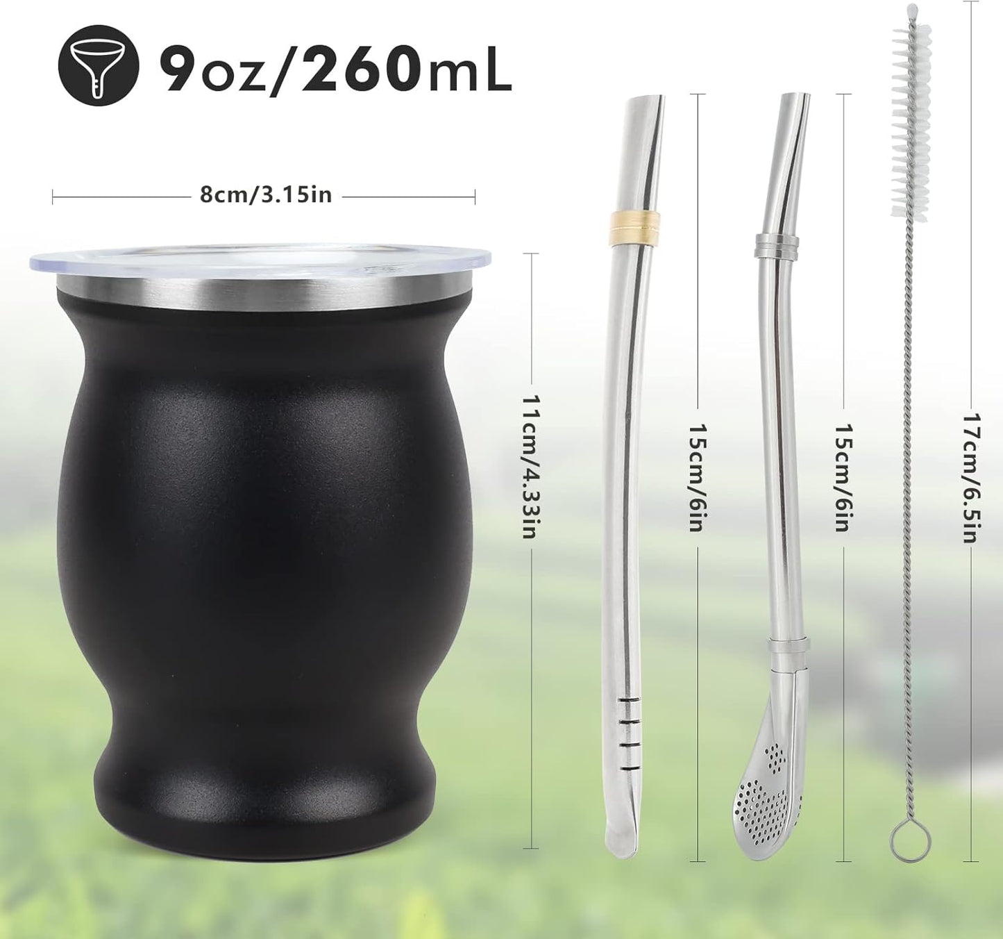 9Oz Yerba Mate Cup, Yerba Mate Gourd Set-Stainless Steel Modern Mate Cup, 2 Bombilla Mate Straws, Cleaning Brush and BPA Free Lid, Double-Walled and Hot&Cold Drink, Mate Gourd for Mate Tea, Coffee
