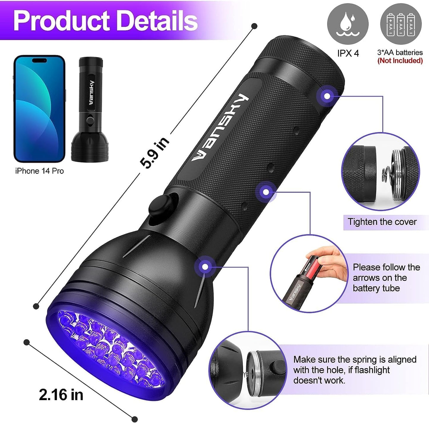 UV Flashlight Black Light UV Lights, Vansky 51 LED Ultraviolet Blacklight Pet Urine Detector for Dog Cat Urine,Dry Stains,Bed Bug, Matching with Pet Odor Eliminator