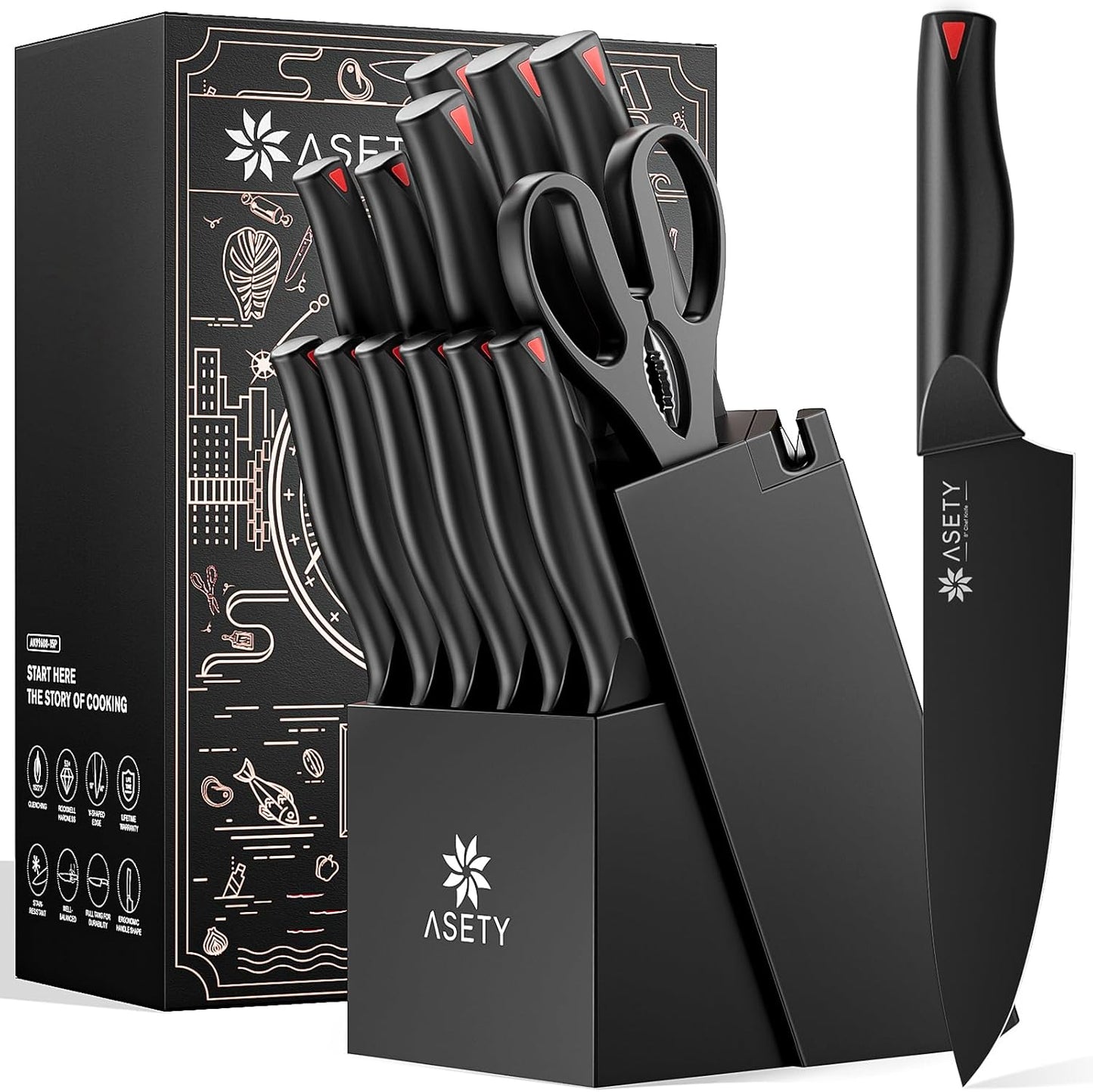 Kitchen Knife Set: 15 PCS Knife Set with Bulti-in Sharpener Block - Stainless Steel Knife Block Set - Dishwasher Safe Knives Sets for Kitchen, Black, Elegant Box