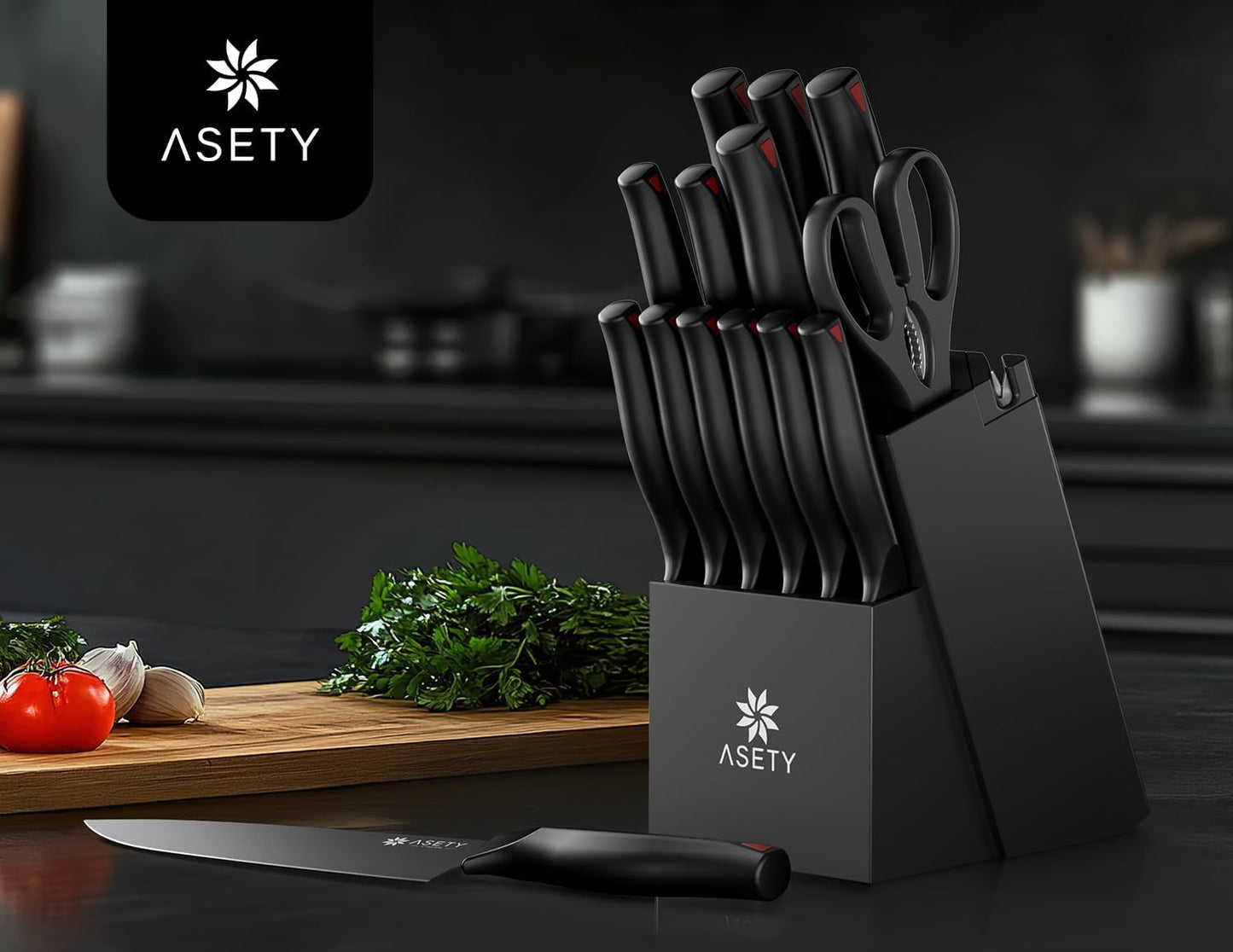 Kitchen Knife Set: 15 PCS Knife Set with Bulti-in Sharpener Block - Stainless Steel Knife Block Set - Dishwasher Safe Knives Sets for Kitchen, Black, Elegant Box