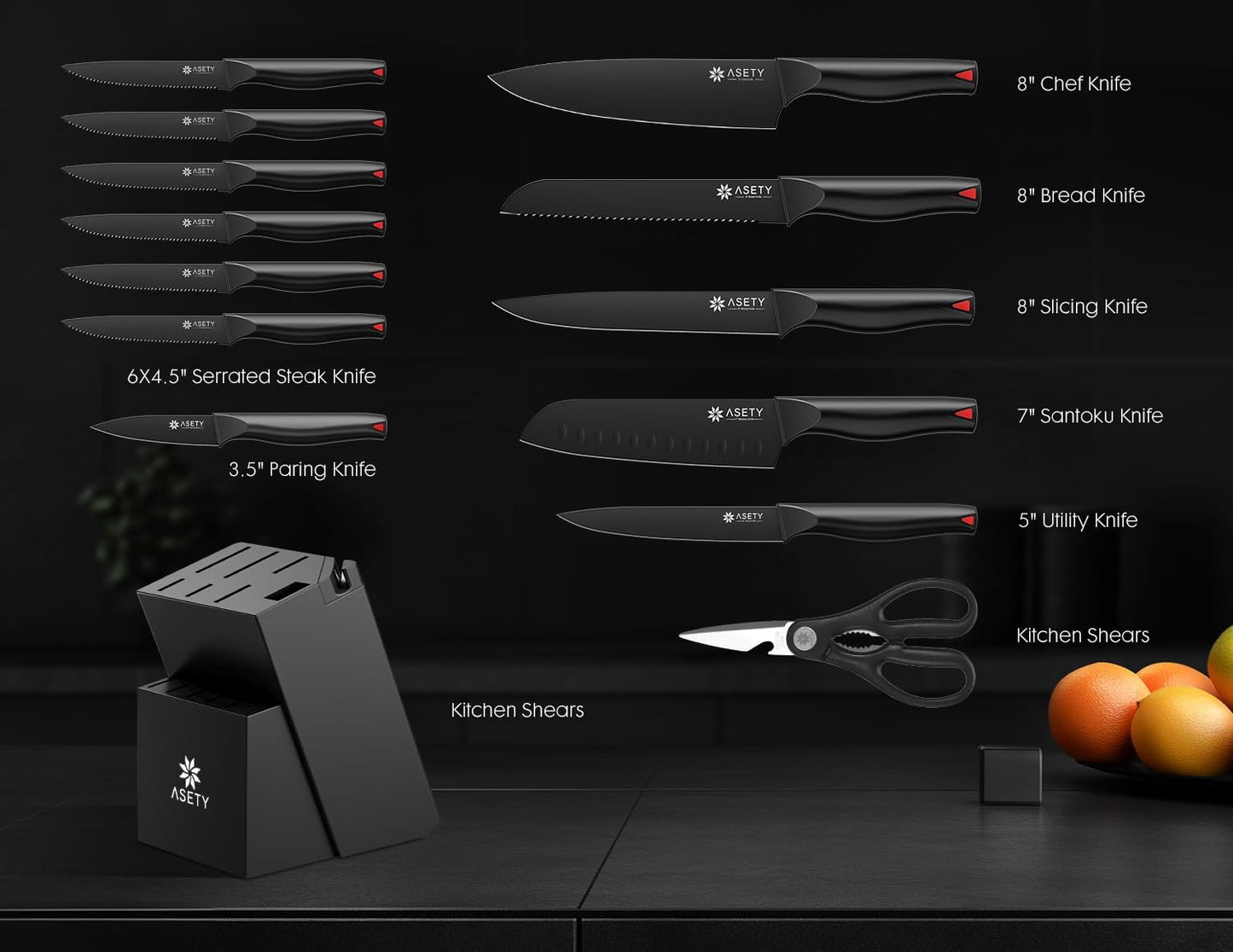 Kitchen Knife Set: 15 PCS Knife Set with Bulti-in Sharpener Block - Stainless Steel Knife Block Set - Dishwasher Safe Knives Sets for Kitchen, Black, Elegant Box