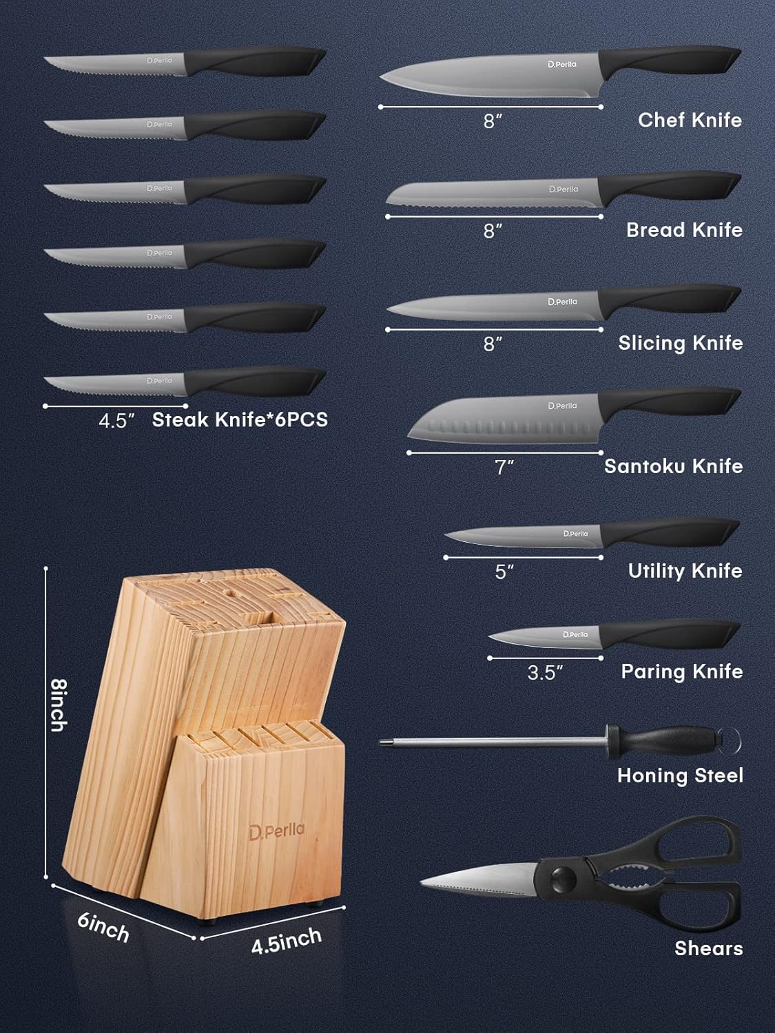 D.Perlla Knife Set, 15-Piece Kitchen Knife Set with Wooden Block, High Carbon Stainless Steel Knife Block Set with BO Oxidation Technology, Anti-Rusting & Anti-Corrosion Cutlery Knife Set