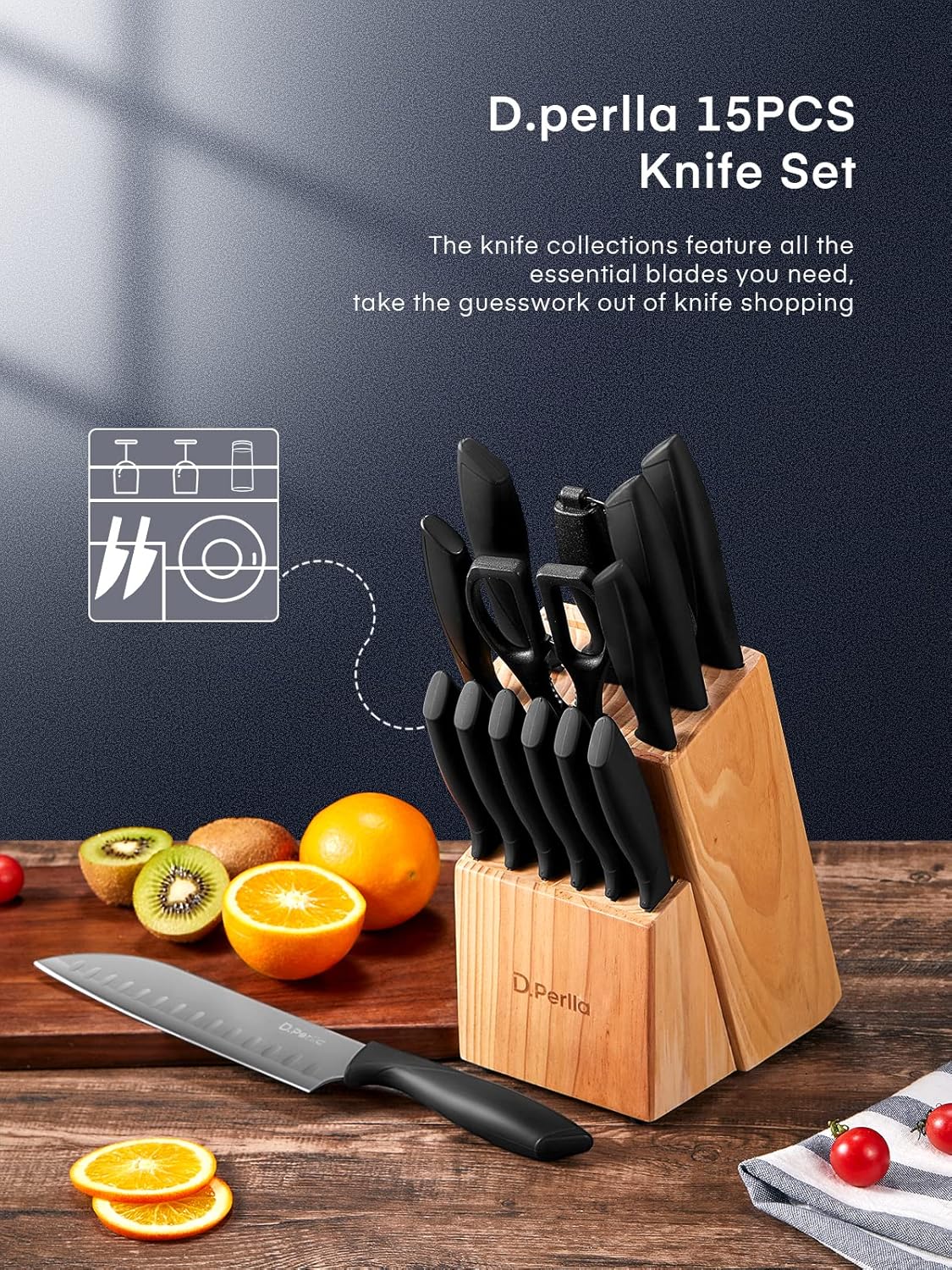 D.Perlla Knife Set, 15-Piece Kitchen Knife Set with Wooden Block, High Carbon Stainless Steel Knife Block Set with BO Oxidation Technology, Anti-Rusting & Anti-Corrosion Cutlery Knife Set