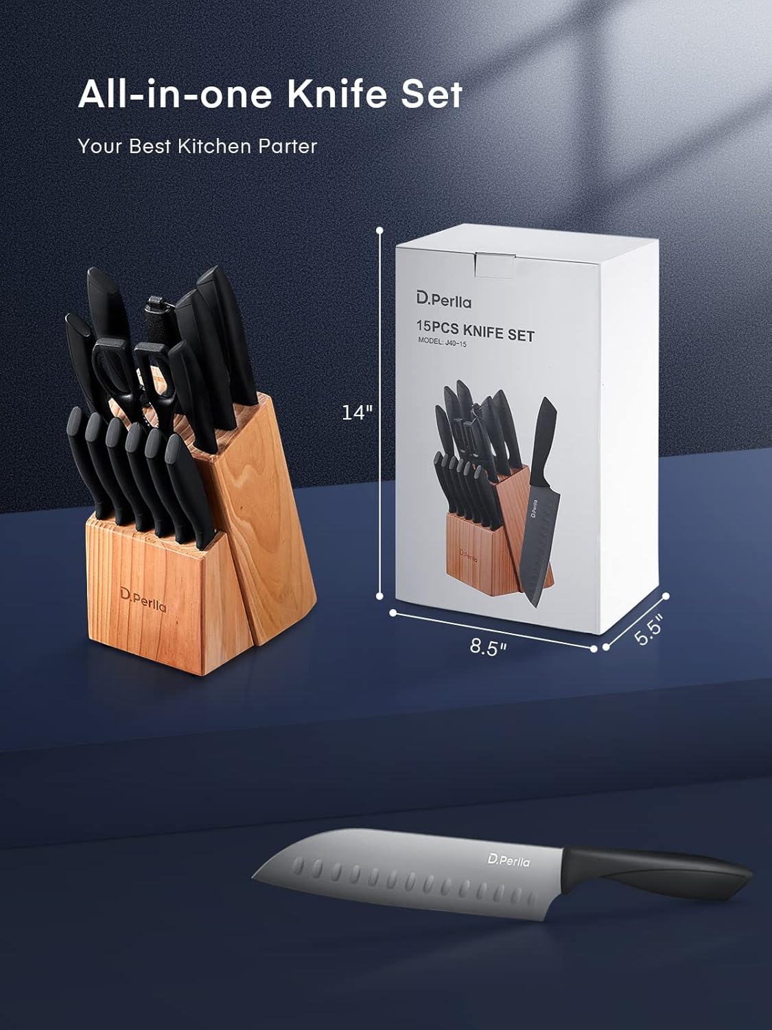 D.Perlla Knife Set, 15-Piece Kitchen Knife Set with Wooden Block, High Carbon Stainless Steel Knife Block Set with BO Oxidation Technology, Anti-Rusting & Anti-Corrosion Cutlery Knife Set