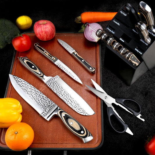 Knife Sets for Kitchen (15 Pieces), Hammered Desgin Knife Set with Block and Sharpener, High Carbon Stainless Steel Chef Knives with Grey Triple Rivet Handle, Ultra Sharp and Dishwash Safe - PuriLite