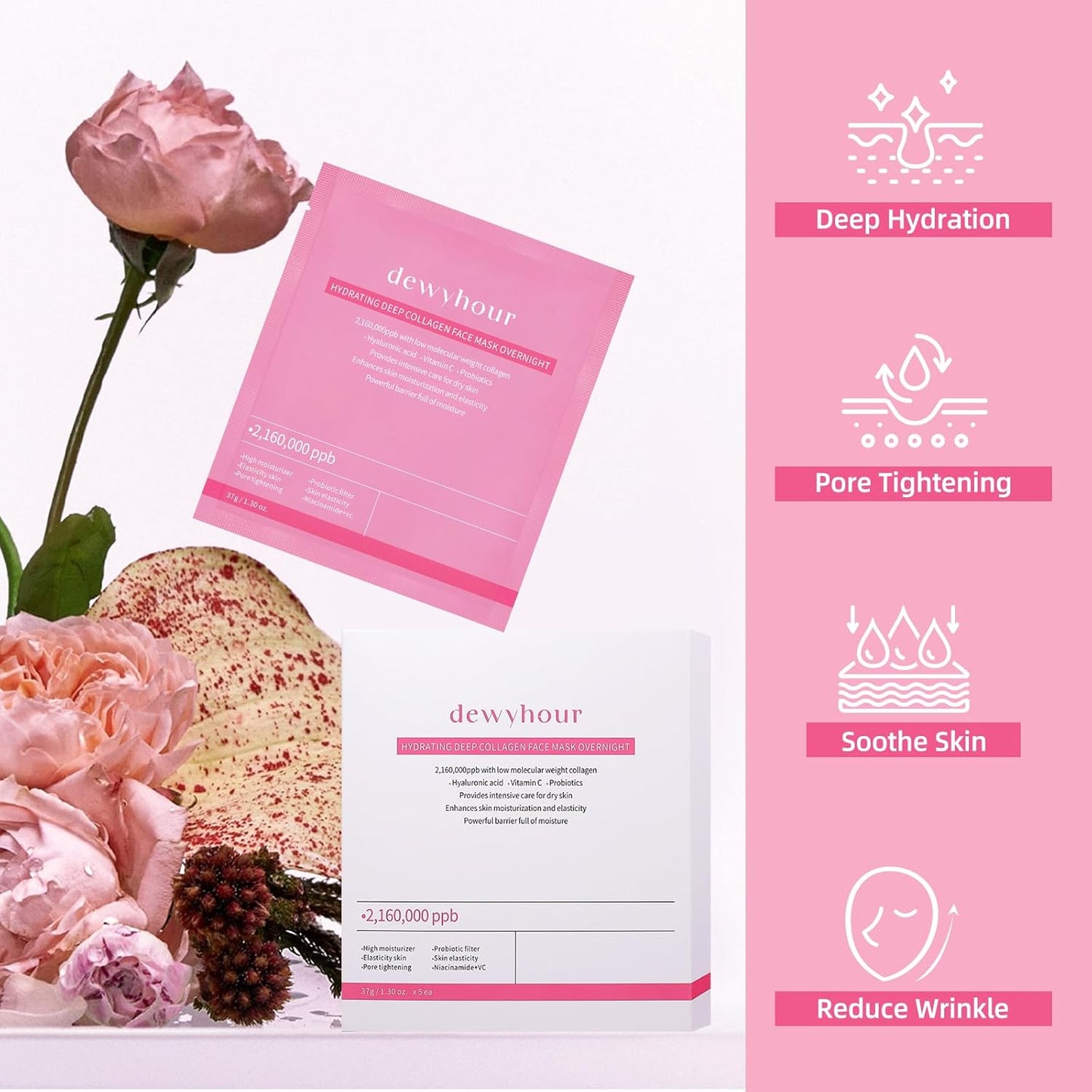 dewyhour Collagen Face Mask: 5 Pack Hydrating Deep Collagen Mask Overnight Sheet Mask with Hyaluronic acid,Pore Minimizing,Elasticity Skin