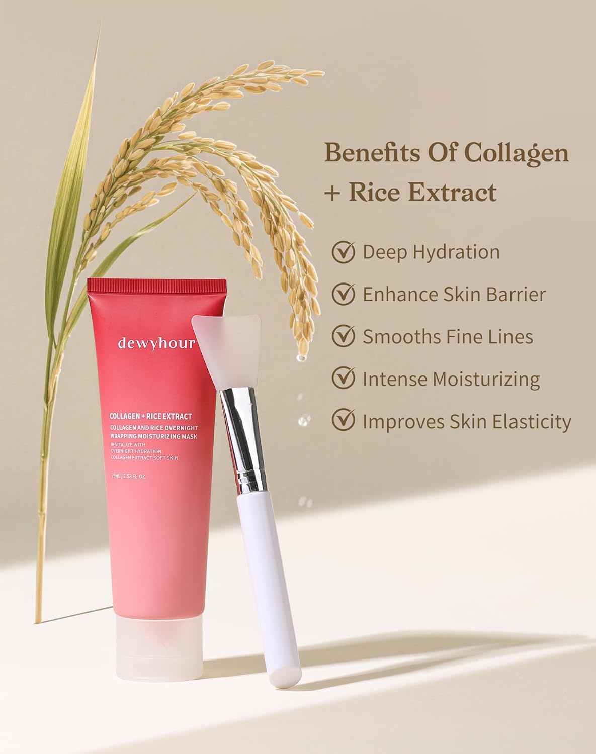 dewyhour Collagen And Rice Overnight Wrapping Moisturizing Mask: Collagen Face Mask, Hydrolyzed Peel Off Mask For Glowing Skin, Elasticity & Hydrating, Rice Extract, 2.53 FL.OZ