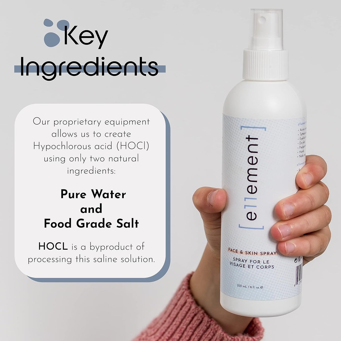 e11ement - Hypochlorous Acid All Natural Face and Skin Spray - Safe for All Skin Types - Acne Prone Skin - Dry Face, Skin, Scalp - Piercings & Tattoos Aftercare Facial Cleanser - Soothes and Repairs Skin (Large, 8 oz)