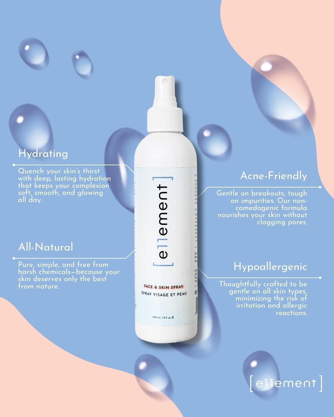 e11ement - Hypochlorous Acid All Natural Face and Skin Spray - Safe for All Skin Types - Acne Prone Skin - Dry Face, Skin, Scalp - Piercings & Tattoos Aftercare Facial Cleanser - Soothes and Repairs Skin (Large, 8 oz)