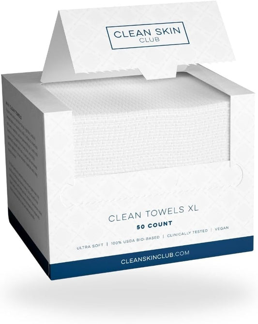 Clean Skin Club Clean Towels XL, 100% USDA Biobased Face Towel, Disposable Face Towelette, Makeup Remover Dry Wipes, Ultra Soft, 50 Ct, 1 Pack