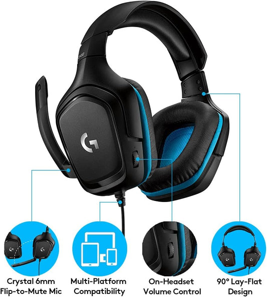 Logitech G432 Wired Gaming Headset, 7.1 Surround Sound, DTS Headphone:X 2.0, Flip-to-Mute Mic, PC (Leatherette) Black/Blue - PuriLite