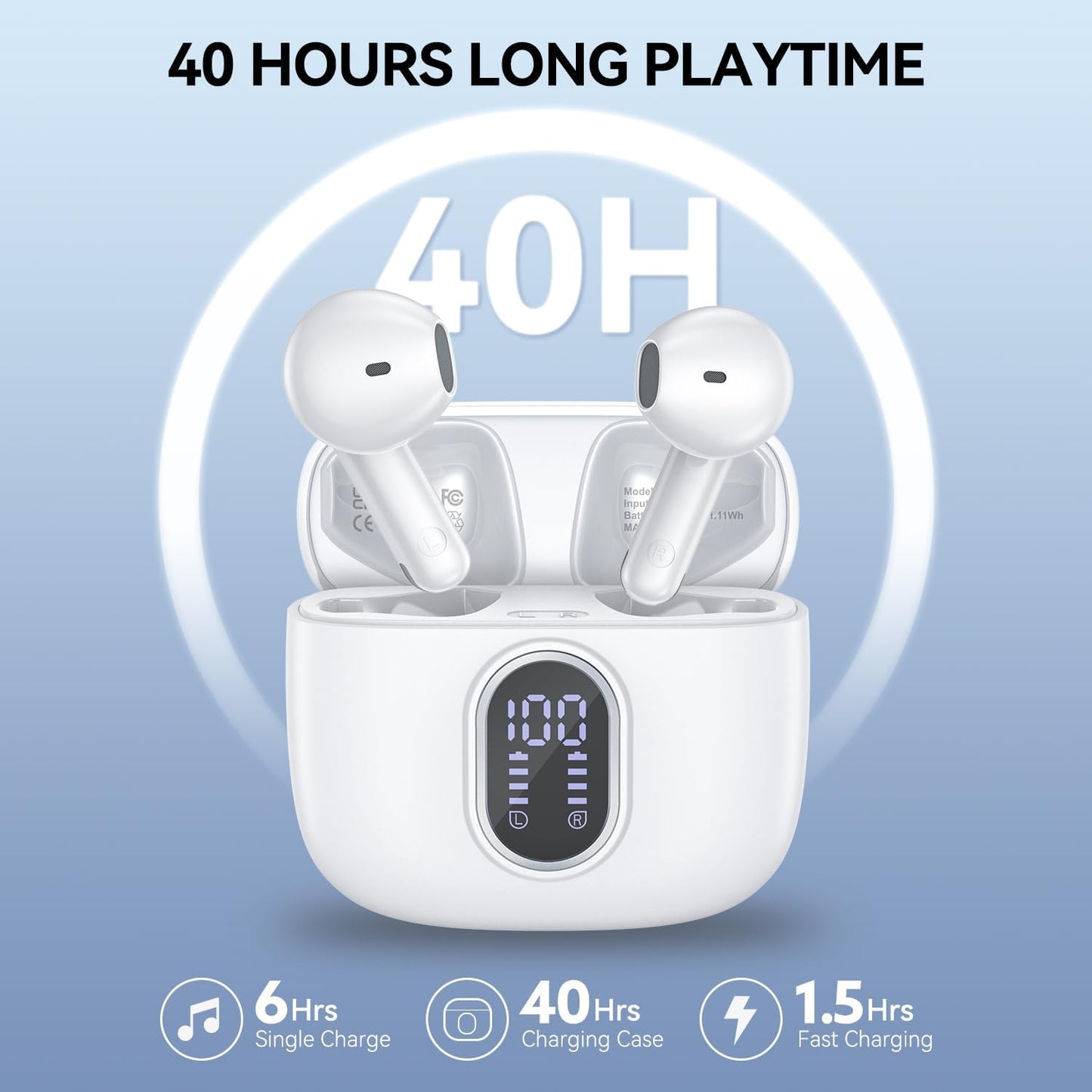 Wireless Earbuds Bluetooth 5.3 Headphones 42 Hrs Playtime with LED Display, Deep Bass Stereo and Noise Cancelling Bluetooth Ear Buds IPX7 Waterproof Wireless Ear Buds with Mic for iPhone Android White