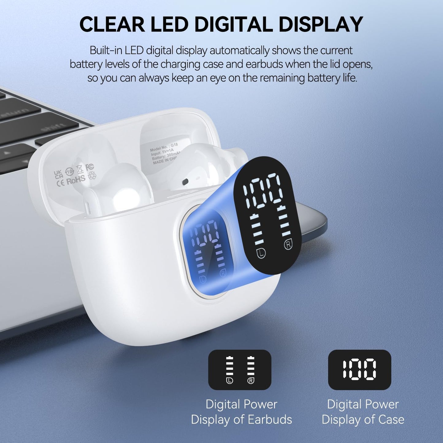 Wireless Earbuds Bluetooth 5.3 Headphones 42 Hrs Playtime with LED Display, Deep Bass Stereo and Noise Cancelling Bluetooth Ear Buds IPX7 Waterproof Wireless Ear Buds with Mic for iPhone Android White
