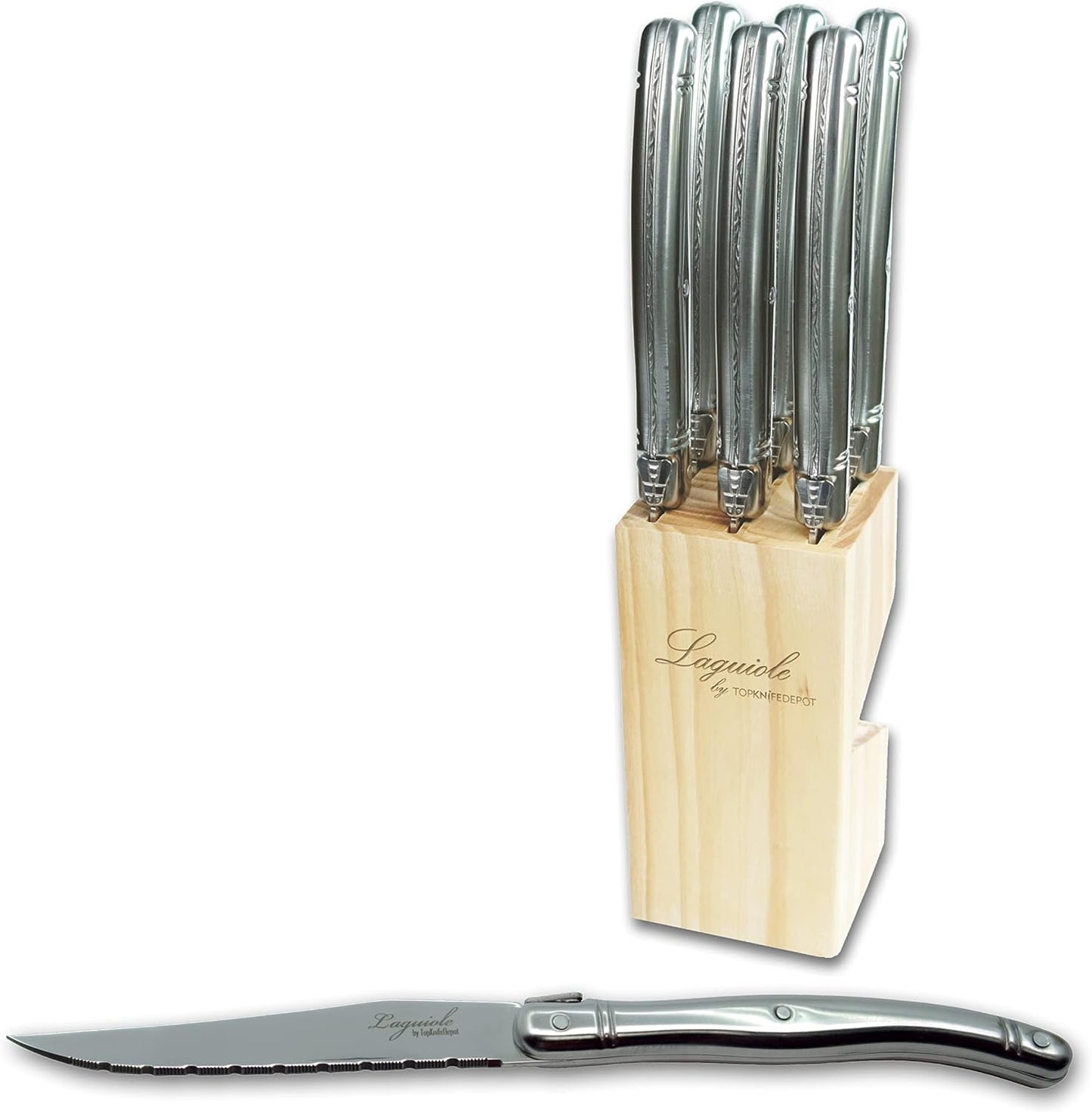 TopKnife Laguiole 6 pcs Steak Knife Set - Stainless Steel Handle - Pine Wood Block - PuriLite
