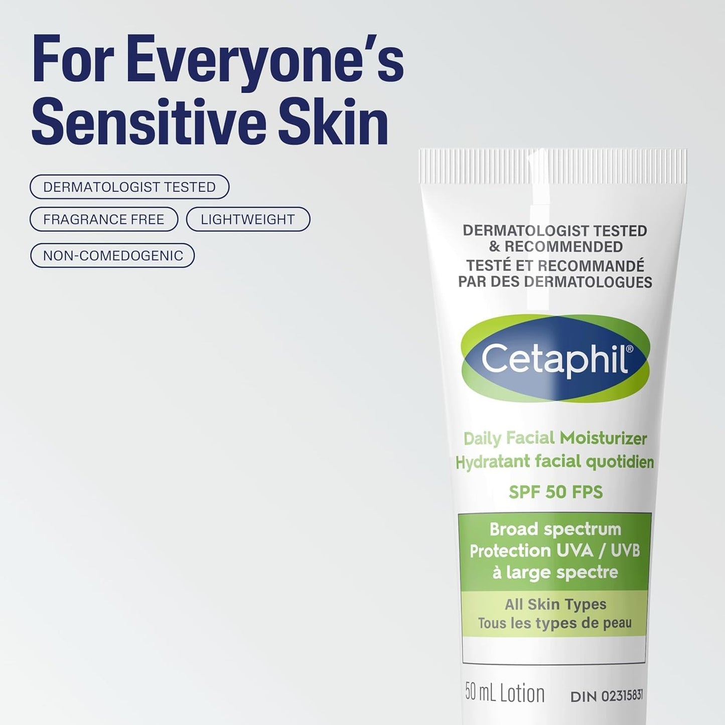 Cetaphil Daily Facial Moisturizer, SPF 50 Gentle Face Lotion for All Skin Types, Light Weight, Oil Free, Dermatologist Recommended Sensitive Skincare, 50ml, Pack of 1