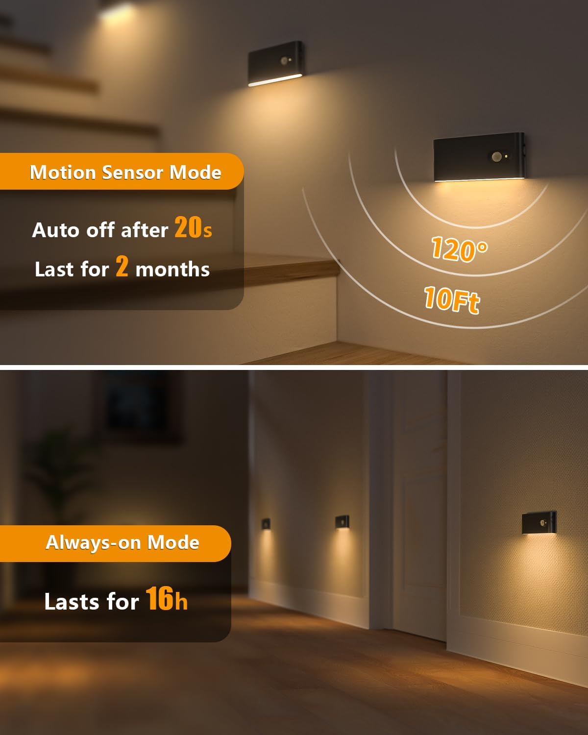 Rechargeable Motion Sensor Night Light Warm White LED Stick Anywhere Wireless Stair Lights for Hallway Bathroom Bedroom Closet (3 Pack) - PuriLite