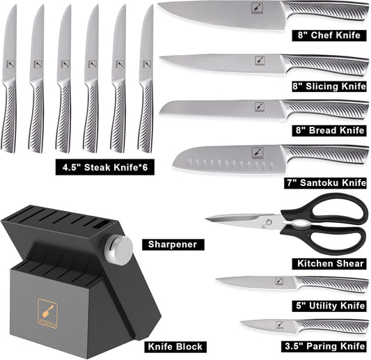 imarku Knife Set - Knife Sets for Kitchen with Block, 14 Pcs High Carbon Stainless Steel Kitchen Knife Set, Dishwasher Safe Knife Block Set with Ergonomic Handle - PuriLite
