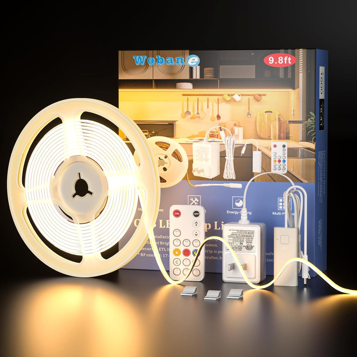 9.8ft COB LED Strip Light Kit Dimmable Warm White 3000K with RF Remote for Kitchen Cabinets Counter Shelf TV Backlight - PuriLite