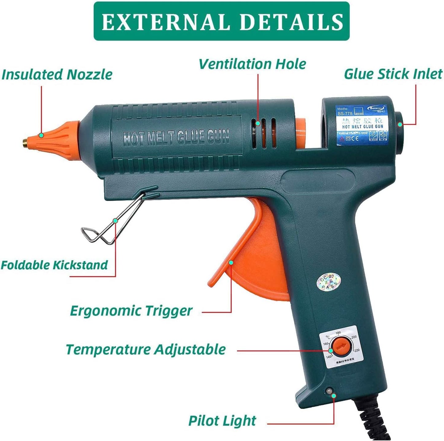Full Size Hot Glue Gun, 150 Watts with 6 Copper Nozzles Temperature Adjustable Craft Repair Tool Professional Melting Glue Gun DIY Thermo Tool Include 5Pcs Highly Viscous Glue Sticks Luxury Set