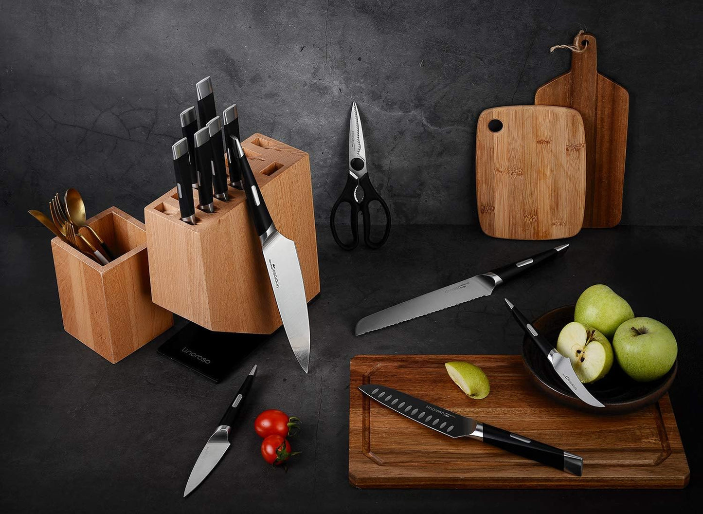 Linoroso Knife Set, 12-Piece Kitchen Knife Set with Block Sharp Chef Knife Set, German High Carbon Stainless Steel Knife Block Set with Beech Block with Black Oxide Stainless Steel Base - PuriLite