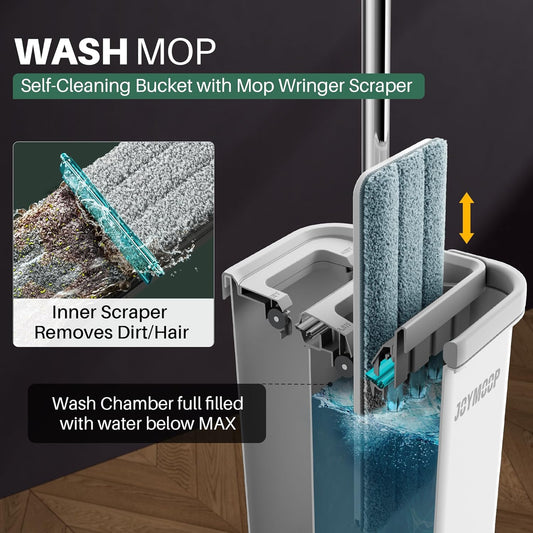 Mop and Bucket with Wringer Set, Hands Free Flat Floor Mop and Bucket, with 3 Washable Microfiber Mops, Wet and Dry Use, Floor Cleaning System - PuriLite