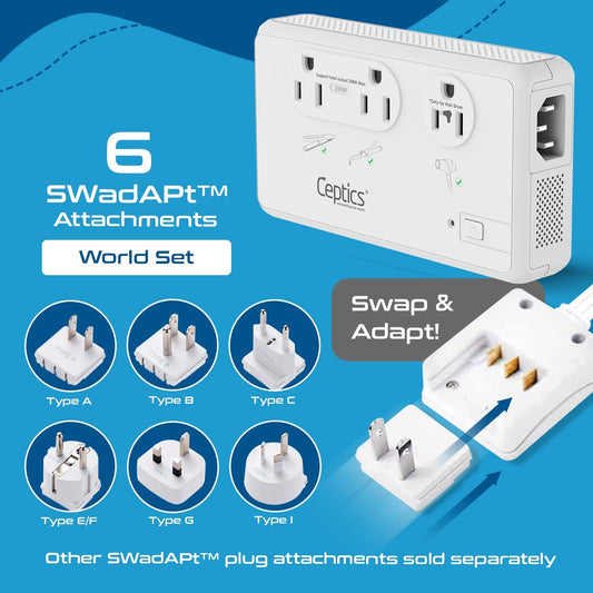 Ceptics 2000W Travel Voltage Converter for Hair Dryer & 200W Convert 220V to 110V for Curling Iron, Straightener, Chargers, Step Down World Power 4 USB Charging QC 3.0 SWadApt Type A, B, C, E/F, G, I - PuriLite