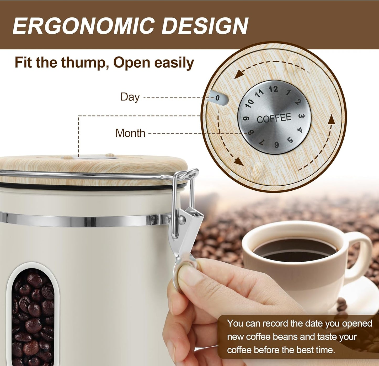 1800ML Airtight Coffee Canister with Date Tracker Transparent Window, 22.8OZ Coffe Beans Storage with 30 ML Measure Spoon&4 co2 Valve, Kitchen Food Storage Container for Ground Coffee,Coffee Beans&Tea