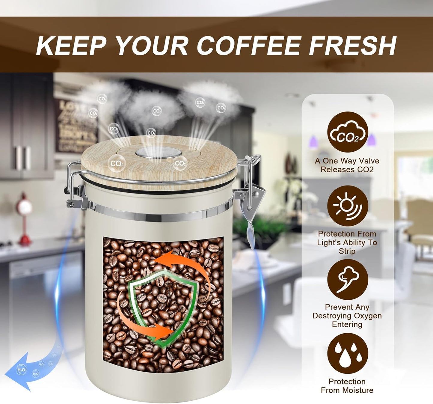 1800ML Airtight Coffee Canister with Date Tracker Transparent Window, 22.8OZ Coffe Beans Storage with 30 ML Measure Spoon&4 co2 Valve, Kitchen Food Storage Container for Ground Coffee,Coffee Beans&Tea