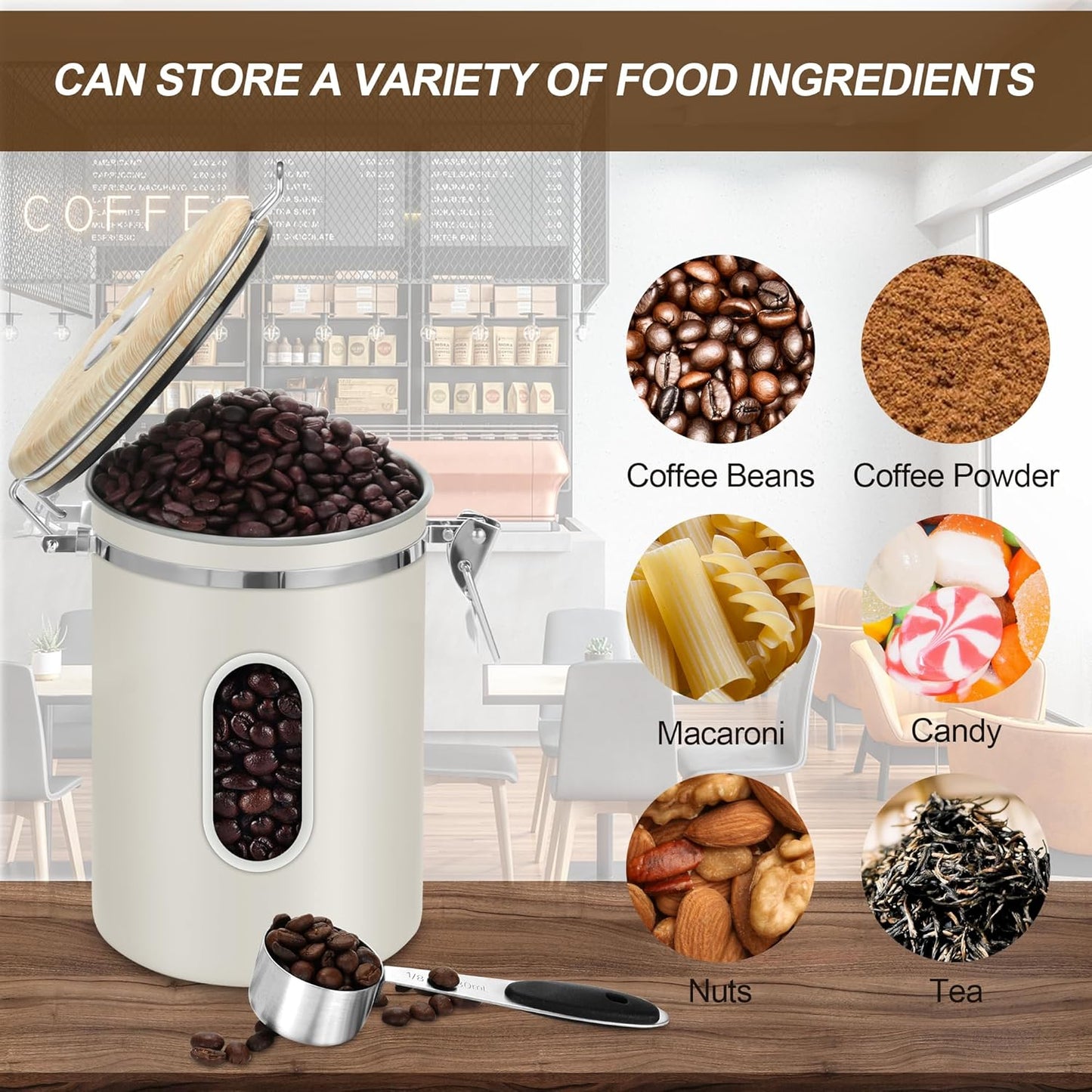 1800ML Airtight Coffee Canister with Date Tracker Transparent Window, 22.8OZ Coffe Beans Storage with 30 ML Measure Spoon&4 co2 Valve, Kitchen Food Storage Container for Ground Coffee,Coffee Beans&Tea