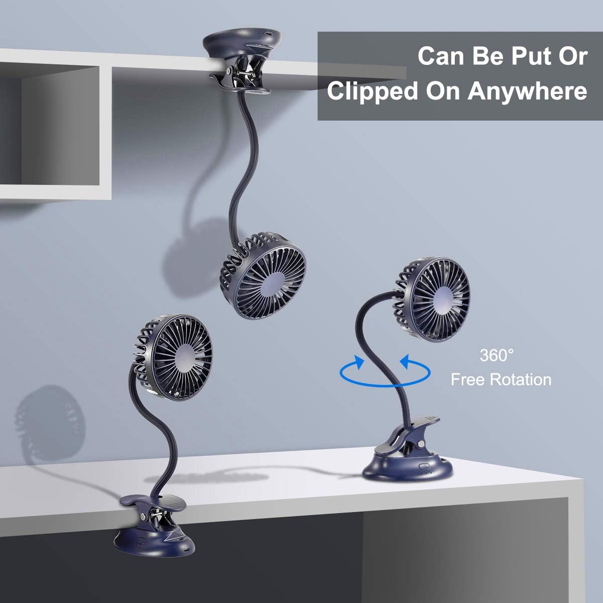 Clip on Fan Usb Fan mini Fan Battery Operated Desk Fan with Emergency Power Bank, USB Clip Fan Rechargeable Personal Fan Flexible Neck 3 Speeds Great for Beach Car Camping Dorm Bed Office - Dark Blue