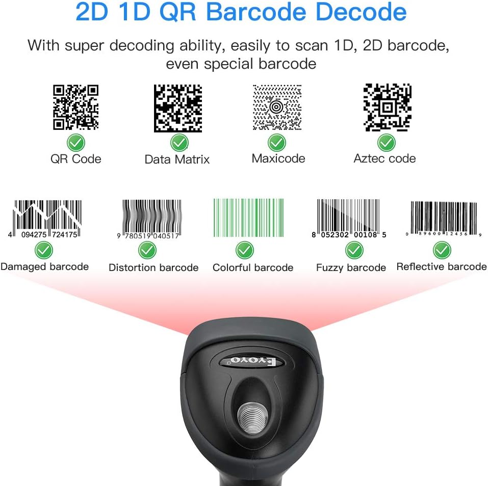 Eyoyo Handheld USB 2D Barcode Scanner, Wired Automatic QR Code Scanner PDF417 Data Matrix Bar Code Reader with Long USB Cable for Mobile Payment, Library Book Convenience Store, Supermarket, Warehouse