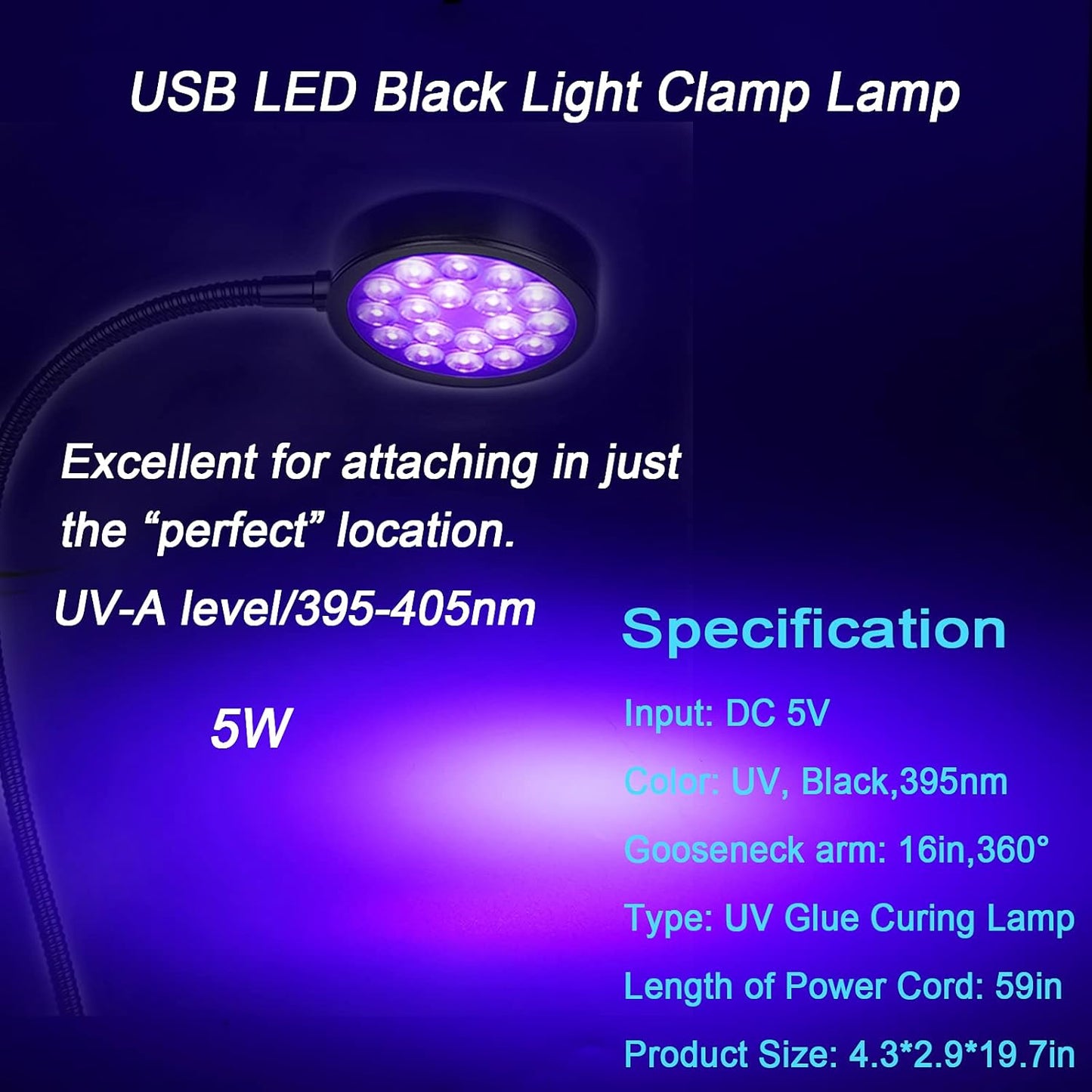 UV LED Black Light Clamp Light with USB, Upgraded 5W 395nm Portable Gooseneck Lamp with Clip for Gel Nail, Pet Urine Detection, UV Glue Curing, Blacklight Posters, Fluorescent Paint, Resin Art
