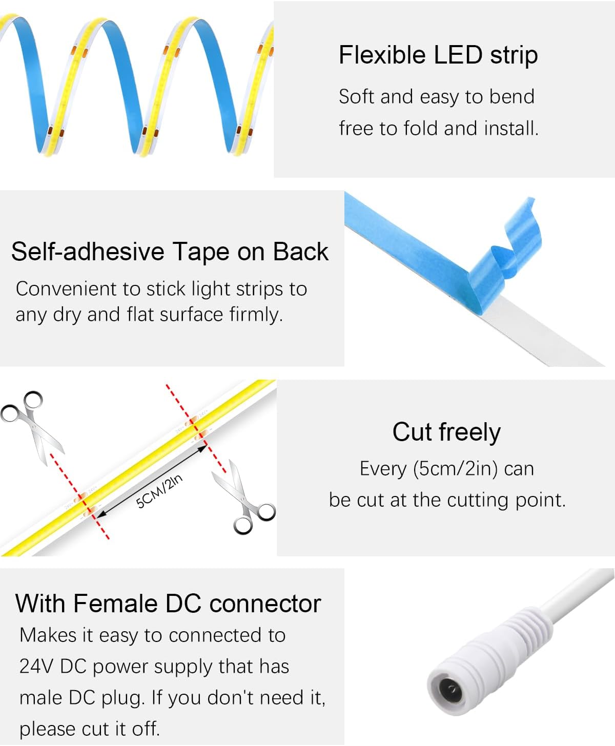 ALITOVE COB Led Strip Light 6000K Daylight White Super Bright 24V 32.8ft/10M 3200LEDs Strip Lights 320leds/M CRI90 Flexible Uniform Glow LED Tape Light for Indoor Home Commercial Lighting Decoration