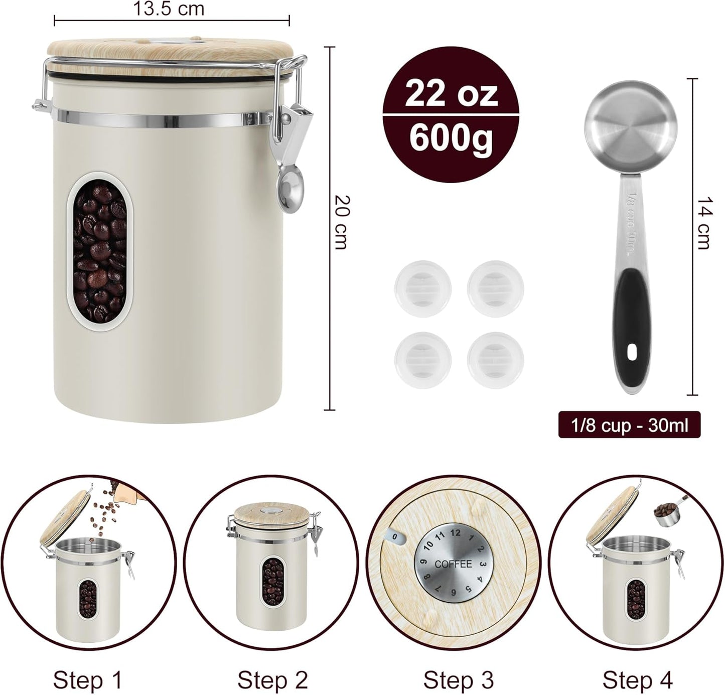 1800ML Airtight Coffee Canister with Date Tracker Transparent Window, 22.8OZ Coffe Beans Storage with 30 ML Measure Spoon&4 co2 Valve, Kitchen Food Storage Container for Ground Coffee,Coffee Beans&Tea