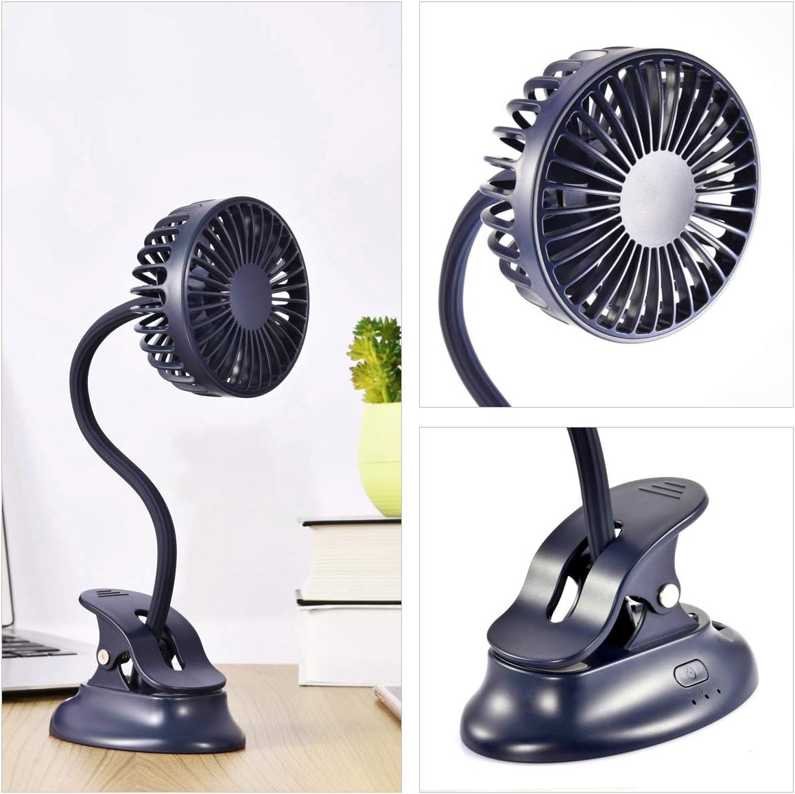 Clip on Fan Usb Fan mini Fan Battery Operated Desk Fan with Emergency Power Bank, USB Clip Fan Rechargeable Personal Fan Flexible Neck 3 Speeds Great for Beach Car Camping Dorm Bed Office - Dark Blue