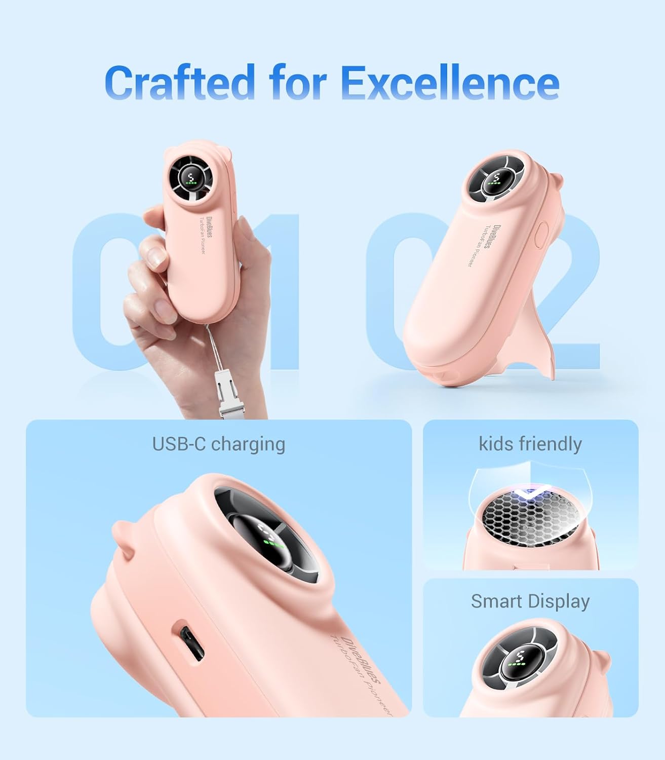 Diveblues Mini Handheld Turbo Fan, 16-Hour Max Battery Life, 4000mAh USB Rechargeable Personal Portable fan with 5 Speeds, Small Pocket Fan, Travel/Concerts/Makeup/Lash, Gifts for Women