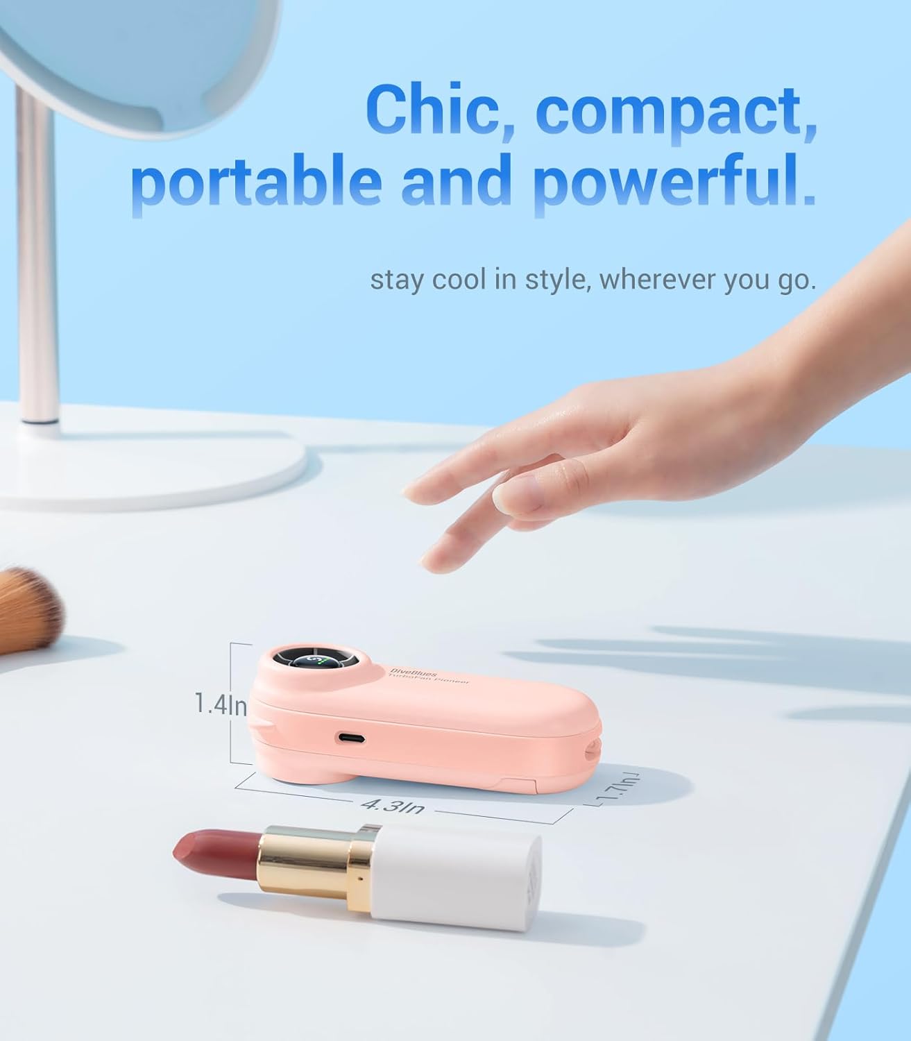 Diveblues Mini Handheld Turbo Fan, 16-Hour Max Battery Life, 4000mAh USB Rechargeable Personal Portable fan with 5 Speeds, Small Pocket Fan, Travel/Concerts/Makeup/Lash, Gifts for Women